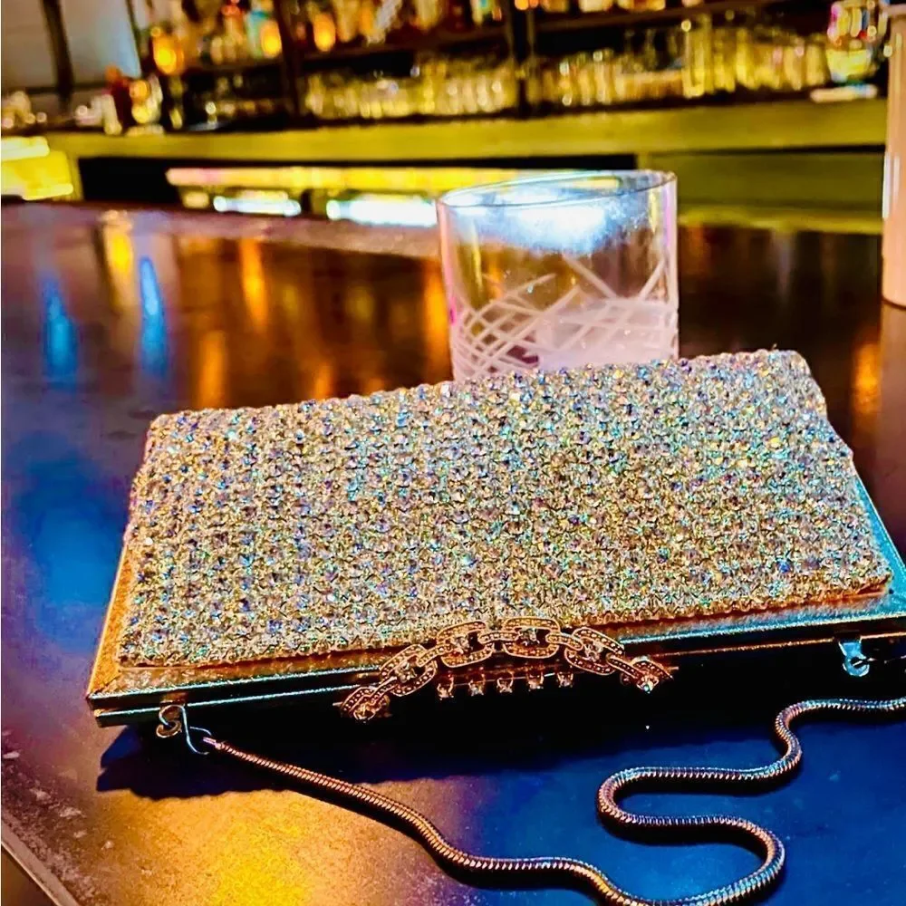 ♥️ Vintage Rhinestone Gold Women's Clutch Purse 60s Hong Kong